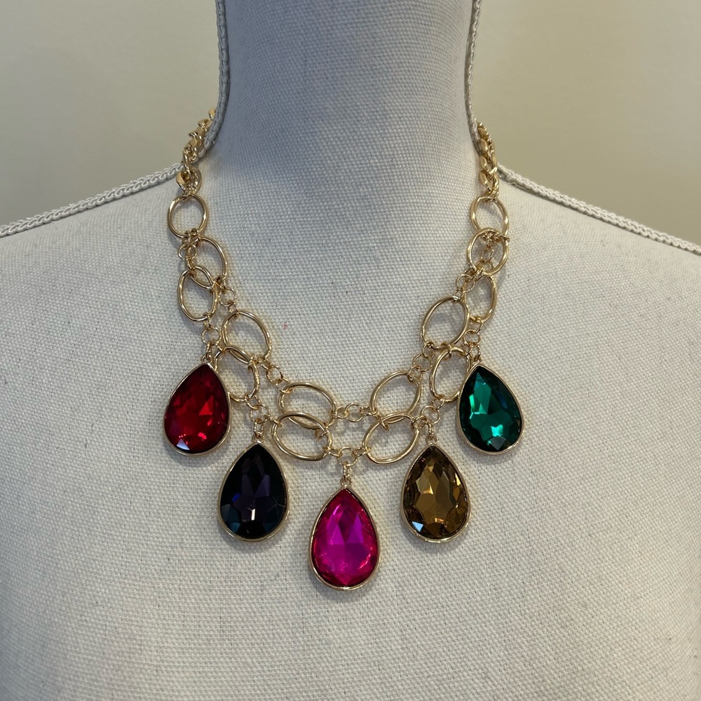 Oscar de la Renta Multicolor Teardrop Rhinestone Gold Tone Necklace